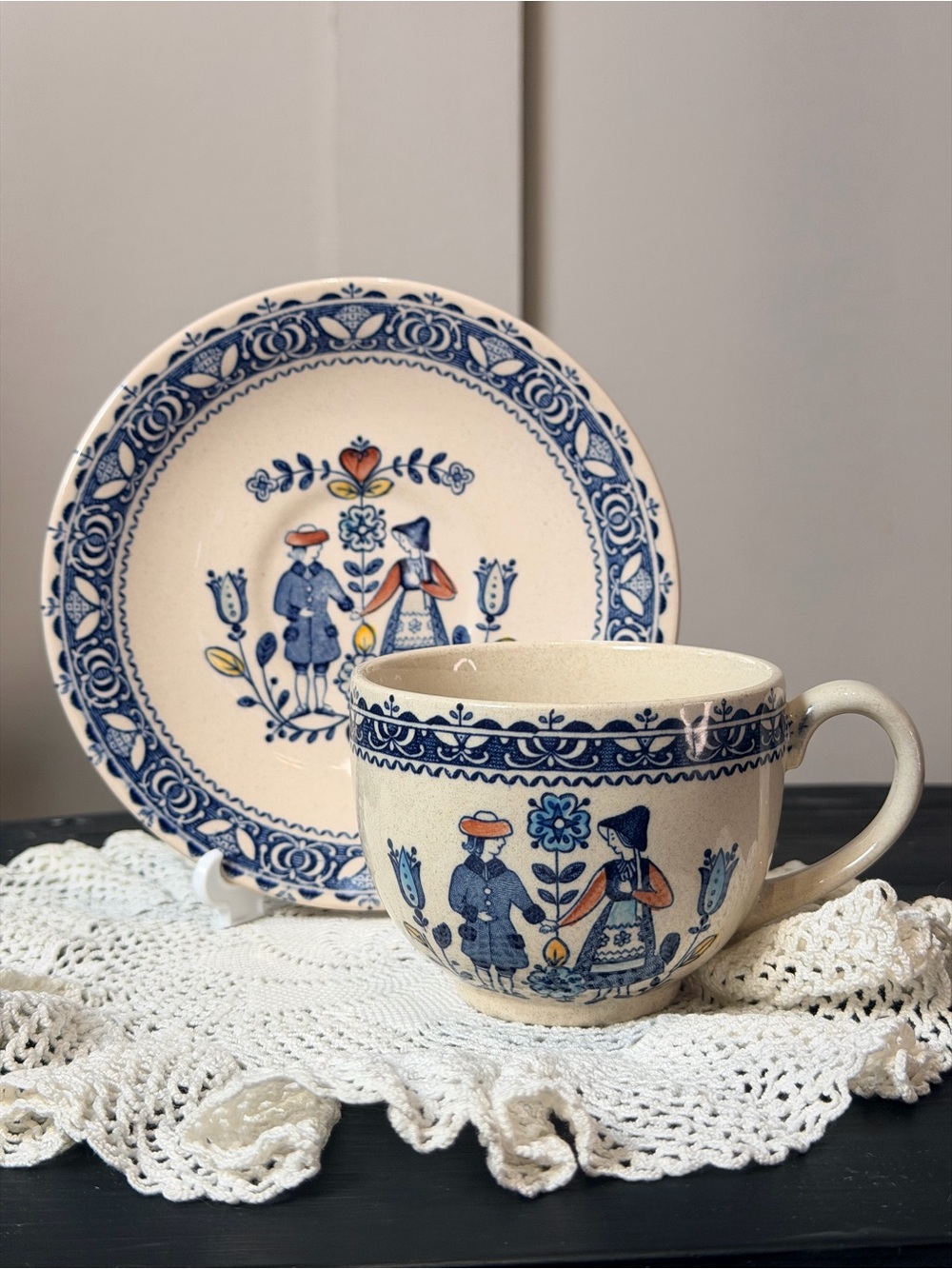 Johnson Bros England Old Granite Hand Engraving Cup & Saucer HEARTS & FLOWERS